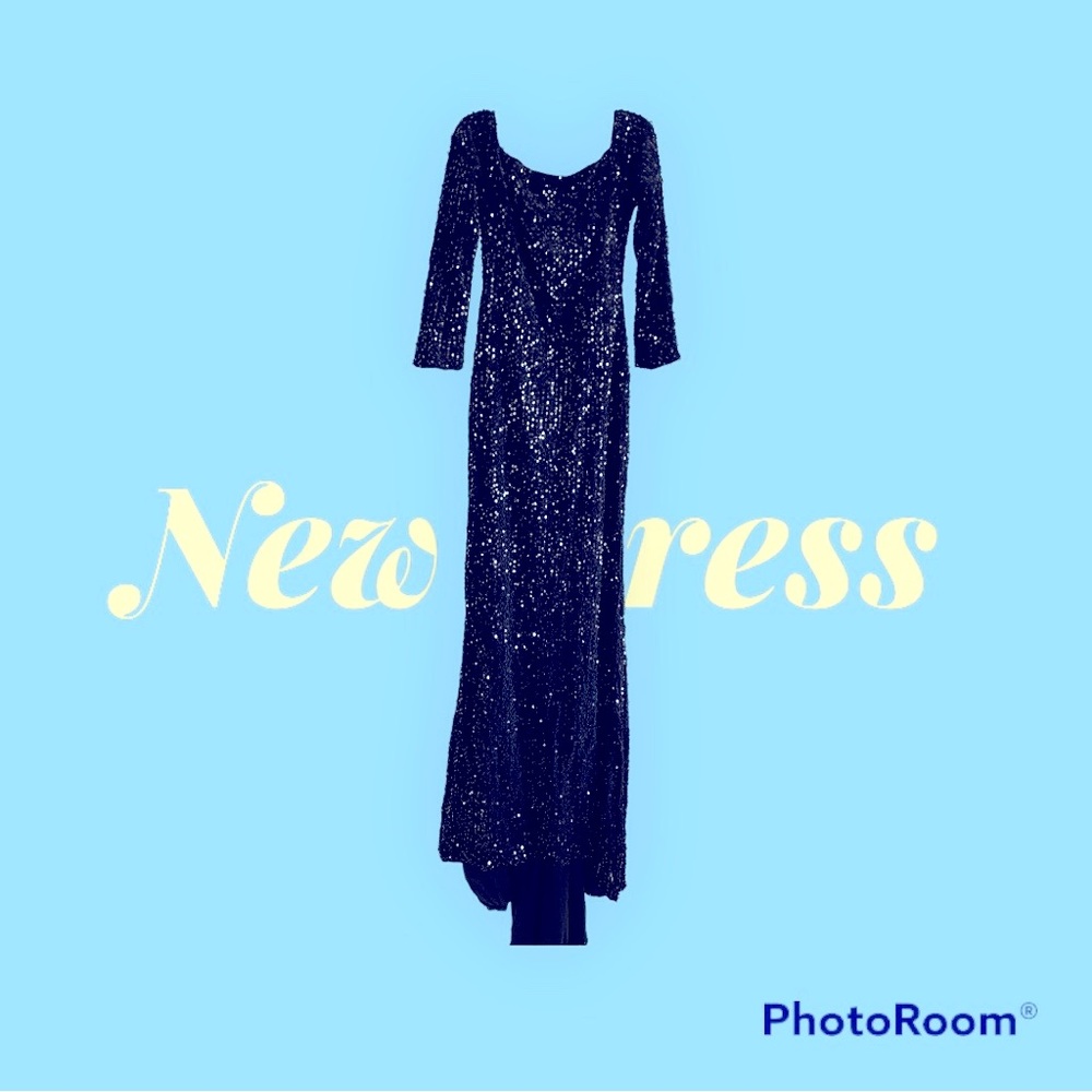 Miss Ord Floor Length Sequins Black Dress (NWT) Size M 3/4 Sleeve Length